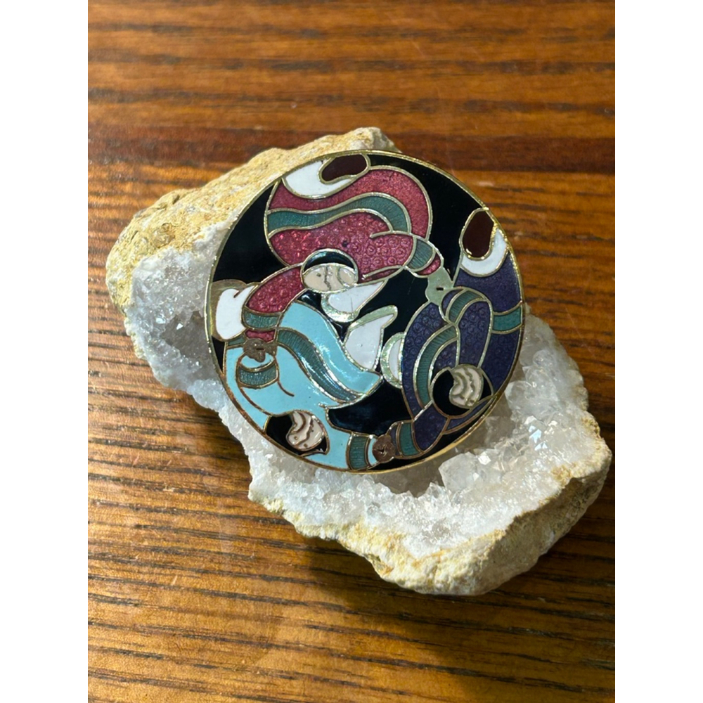 Vintage Barbara Lavallee Inuit Women Dancing Enamel Cloisonné Pin Brooch Round